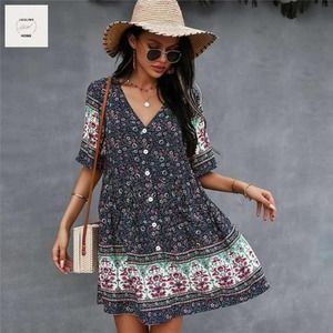 Floral V-Neck Button Pocket Blue Flowy Oversized Loose Tunic Mini Dress Sz L